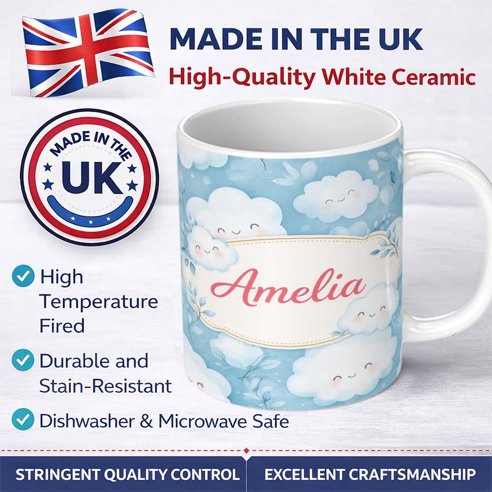 Personalized Custom Name Soft Smiling Cloud Blue Sky Baby Pattern Stylish Everyday Mug Lovely 11oz Ceramic Coffee Tea Mug White Large Handle