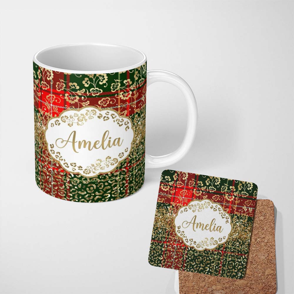 Personalized Custom Name Festive Plaid Gold Floral Glitter Christmas Seamless Pattern Lovely 11oz Ceramic Coffee Tea Mug White Large Handle