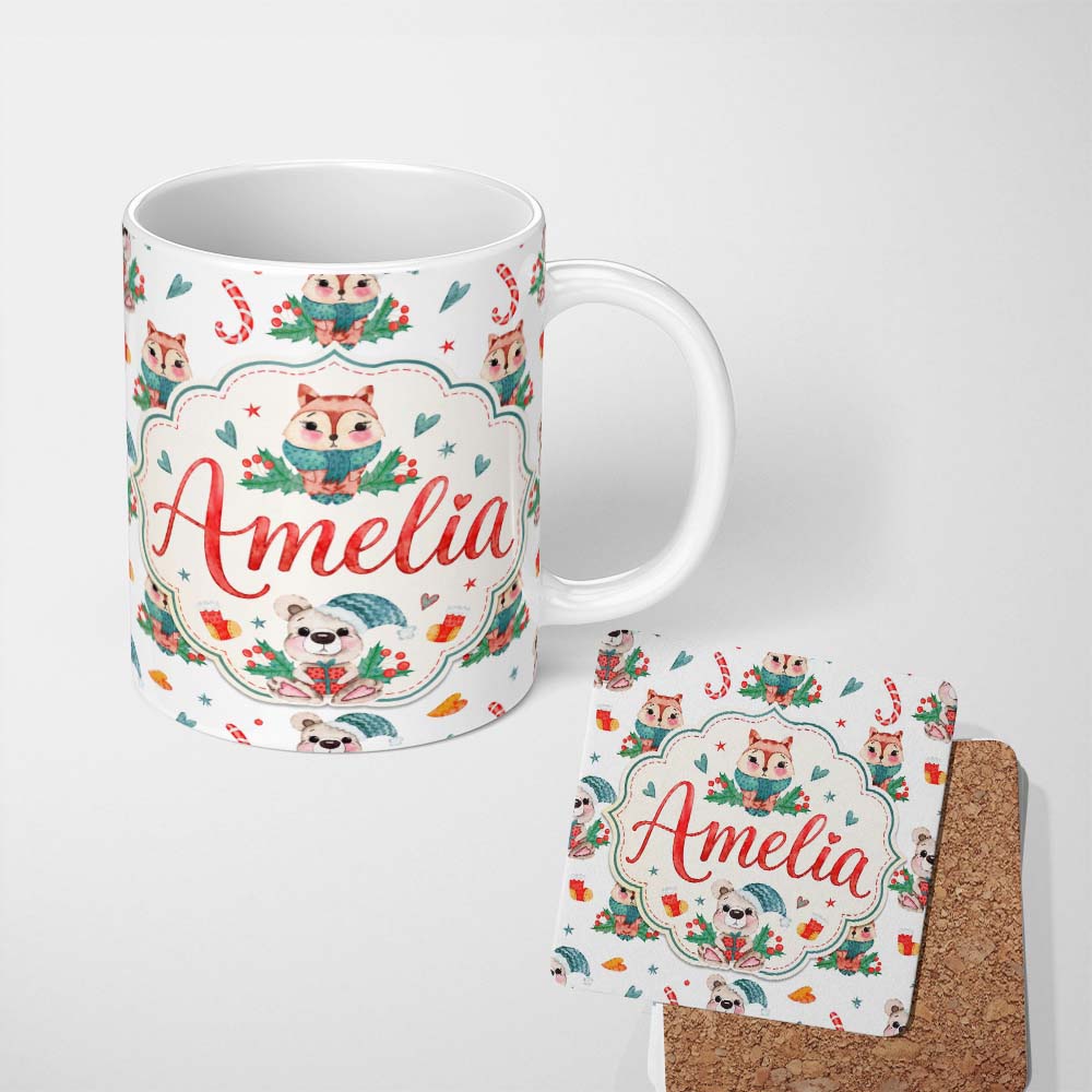 Personalized Custom Name Cute Woodland Fox Bear Candy Cane Winter Christmas Seamless Pattern 11oz Ceramic Coffee Tea Mug White Large Handle