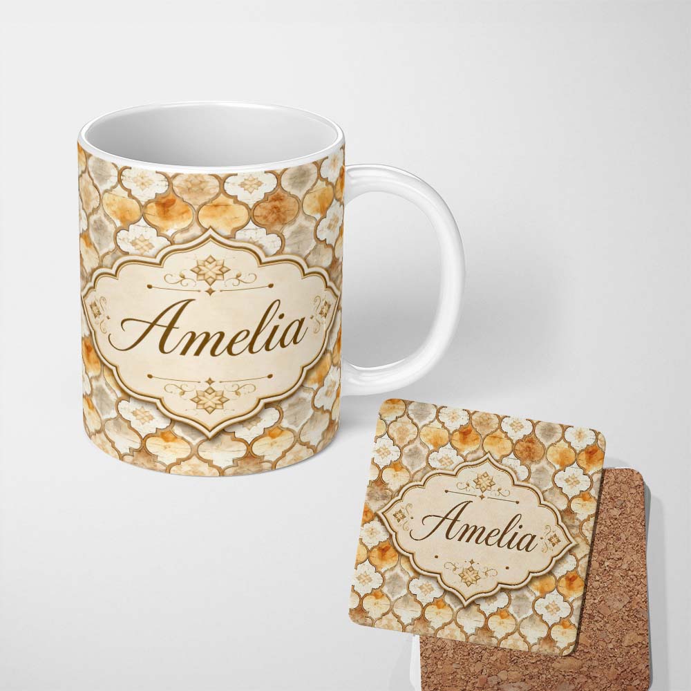 Personalized Custom Name Warm Beige Moroccan Tile Pattern with Rustic Watercolor Texture 11oz Ceramic Coffee Tea Mug White Large Handle