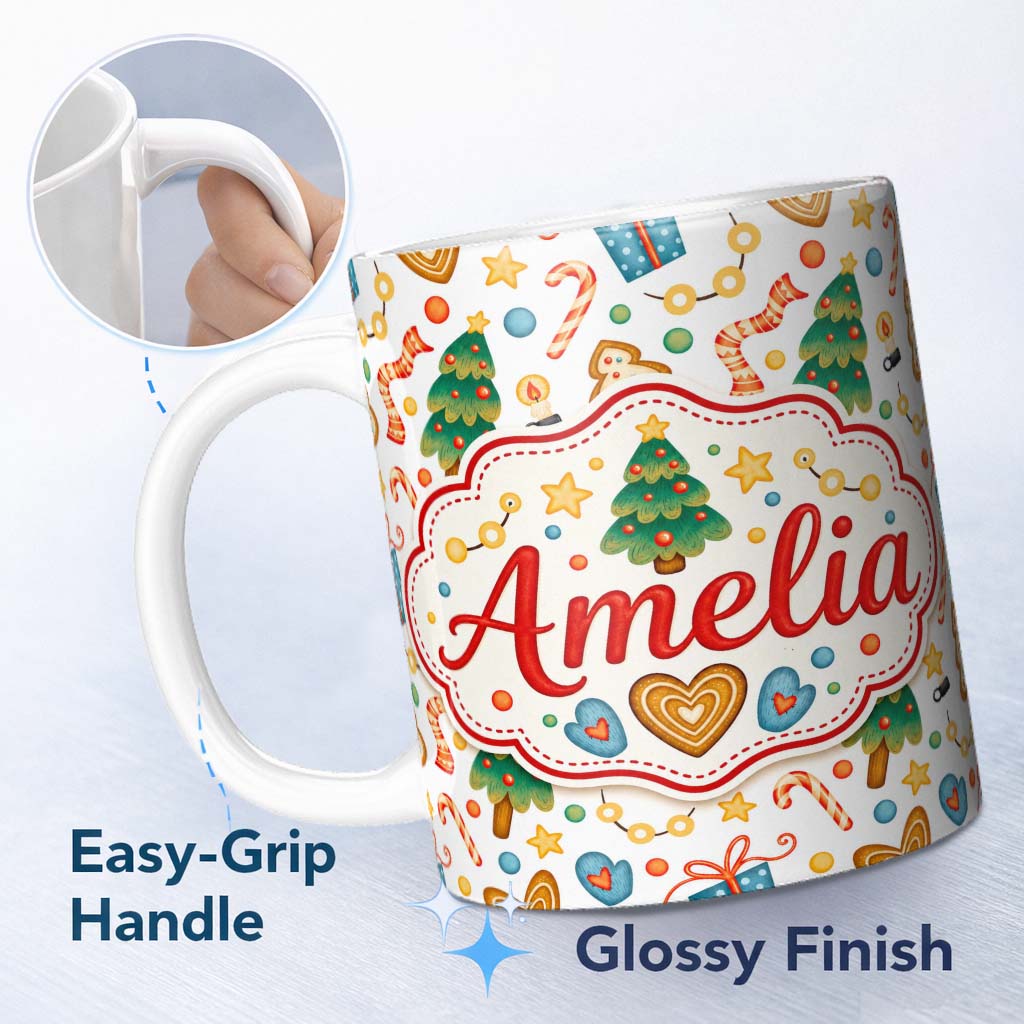 Personalized Custom Name Cute Christmas Tree Gingerbread Candy Cane Gift Seamless Pattern 11oz Ceramic Coffee Tea Mug White Large Handle