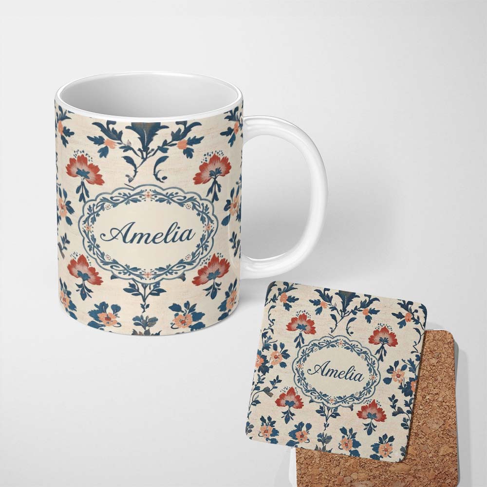 Personalized Custom Name Traditional Blue Red Floral Folk Art Seamless Pattern Lovely 11oz Ceramic Coffee Tea Mug White Large Handle