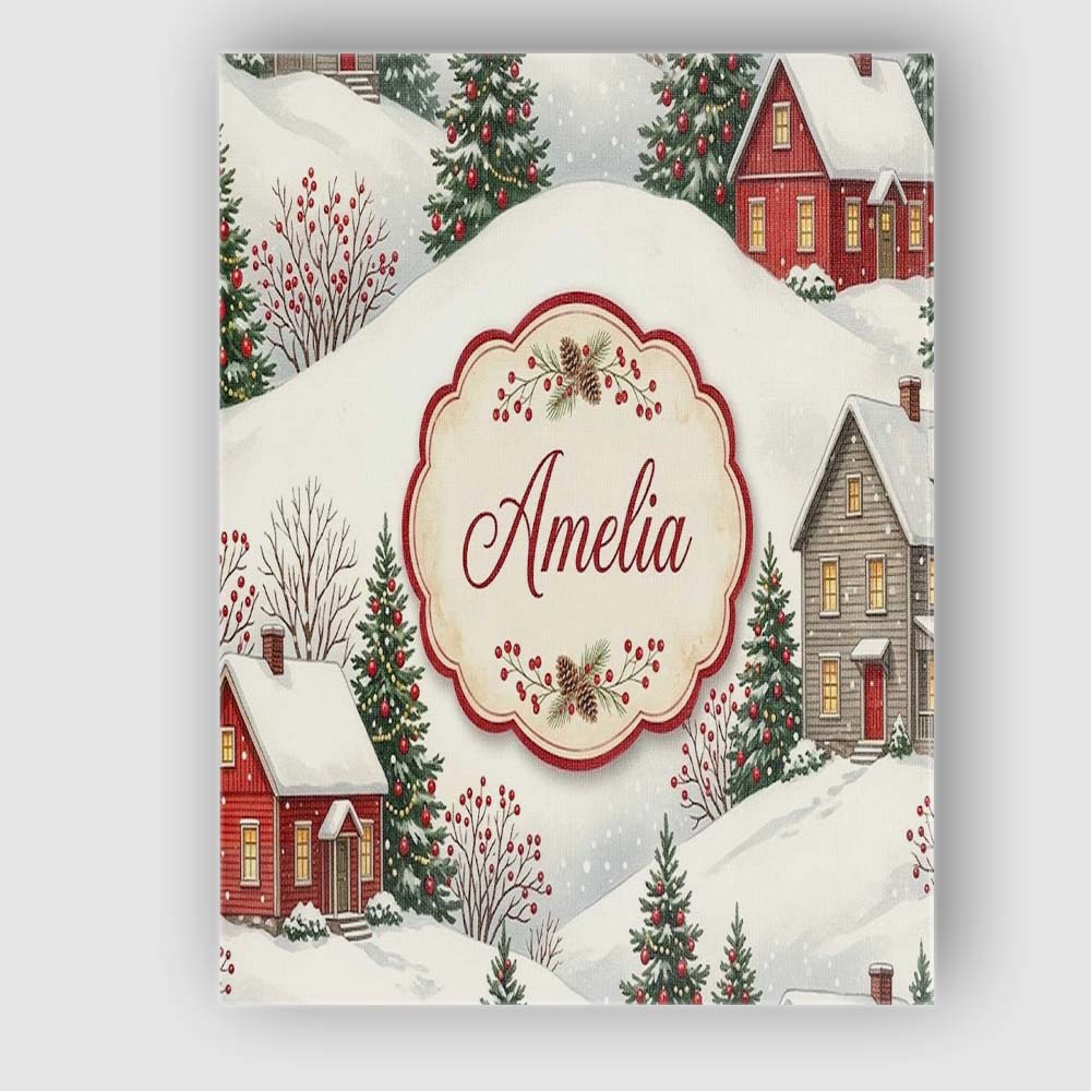 Personalised Name Snowy Christmas Village Custom Unique Gift Idea Elegant Feature Canvas Wall Art Print Decor Picture Ready to Hang