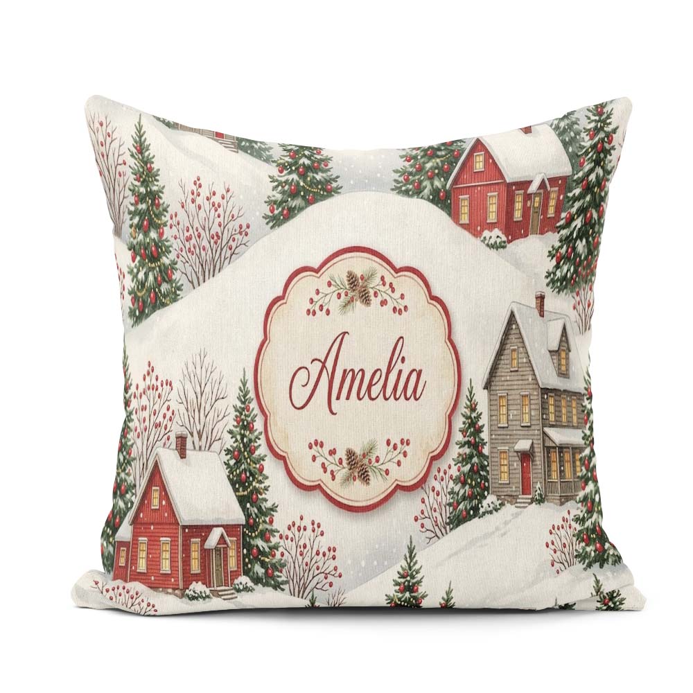Custom Name Snowy Christmas Village Houses Winter Scene Seamless Square Filled Cushion Throw Pillow Sofa Bed Home Decor Zip Washable UK Made