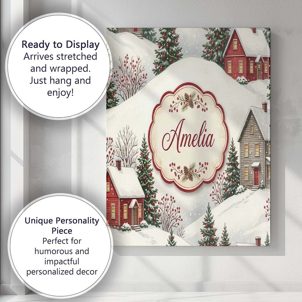 Personalised Name Snowy Christmas Village Custom Unique Gift Idea Elegant Feature Canvas Wall Art Print Decor Picture Ready to Hang