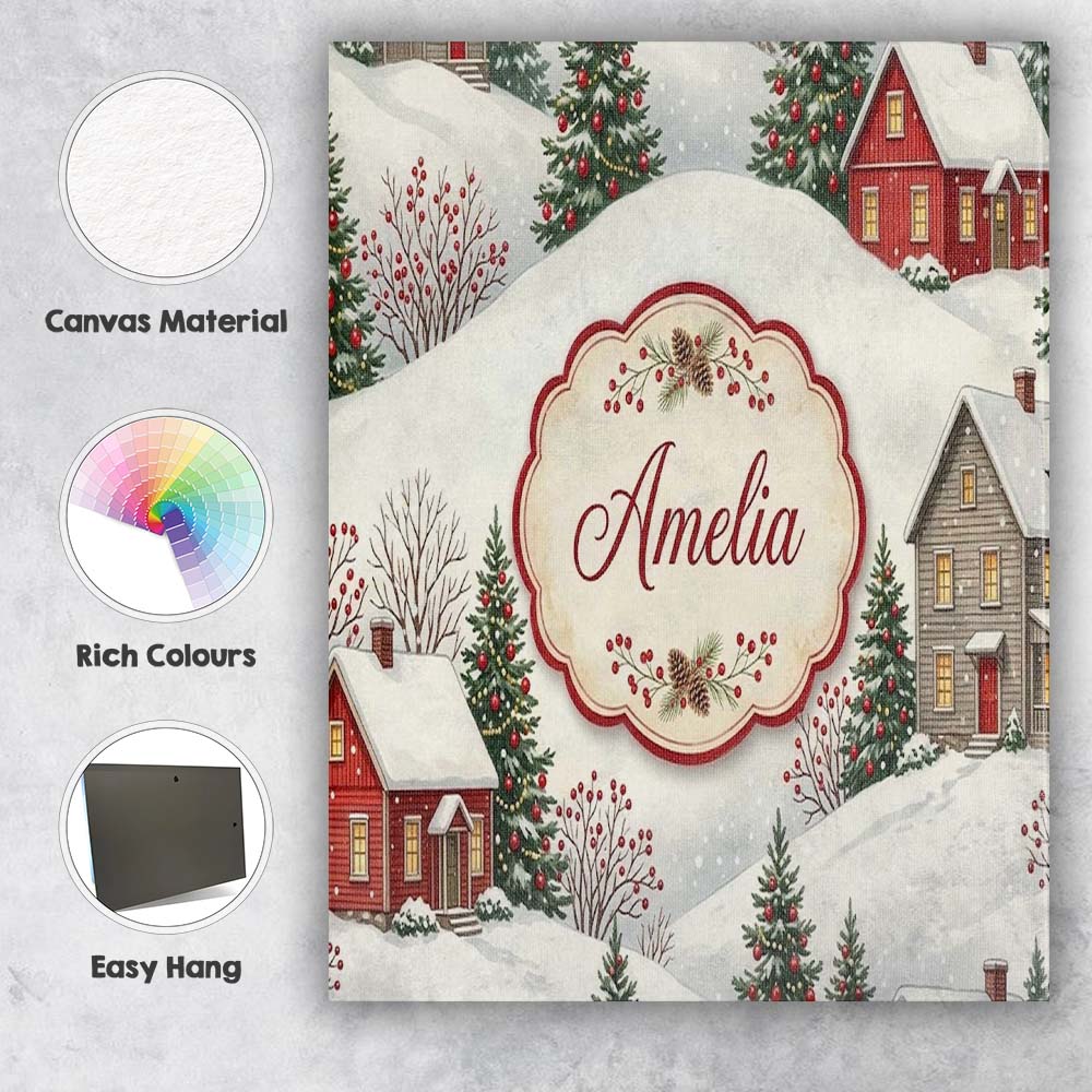 Personalised Name Snowy Christmas Village Custom Unique Gift Idea Elegant Feature Canvas Wall Art Print Decor Picture Ready to Hang