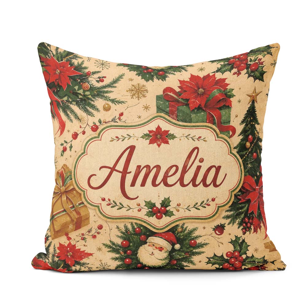 Custom Name Christmas Boxes Pine Branch Holiday Seamless Pattern Square Filled Cushion Throw Pillow Sofa Bed Home Decor Zip Washable UK Made