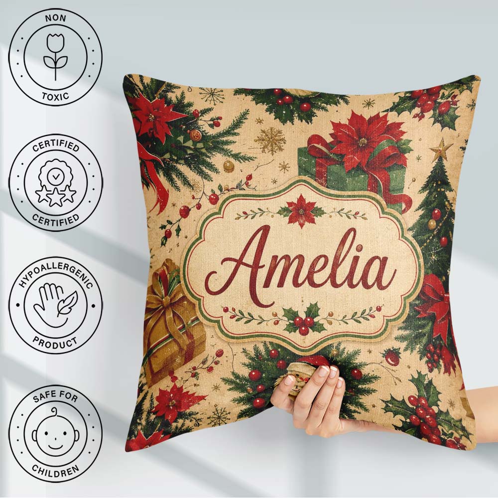 Custom Name Christmas Boxes Pine Branch Holiday Seamless Pattern Square Filled Cushion Throw Pillow Sofa Bed Home Decor Zip Washable UK Made