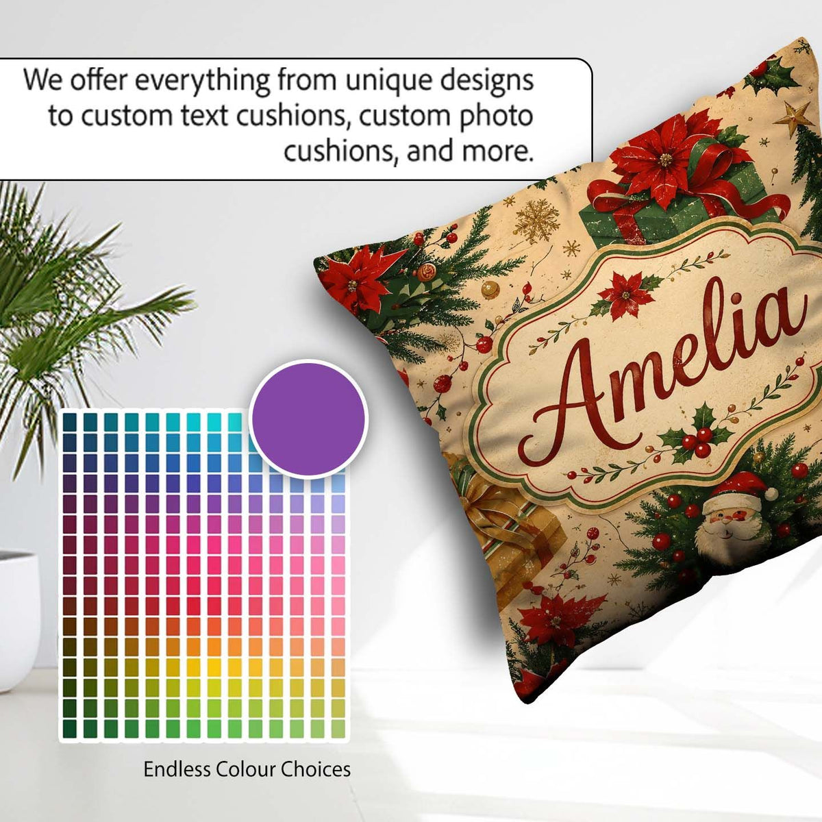 Custom Name Christmas Boxes Pine Branch Holiday Seamless Pattern Square Filled Cushion Throw Pillow Sofa Bed Home Decor Zip Washable UK Made