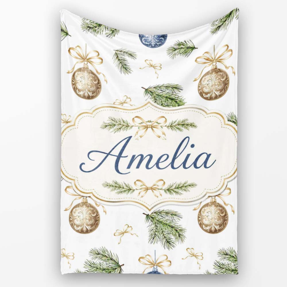 Elegant Gold Blue Baubles Pine Branch Seamless Pattern Lovely Personalised Custom Name Super Soft Fleece Blanket Bed Sofa Throw