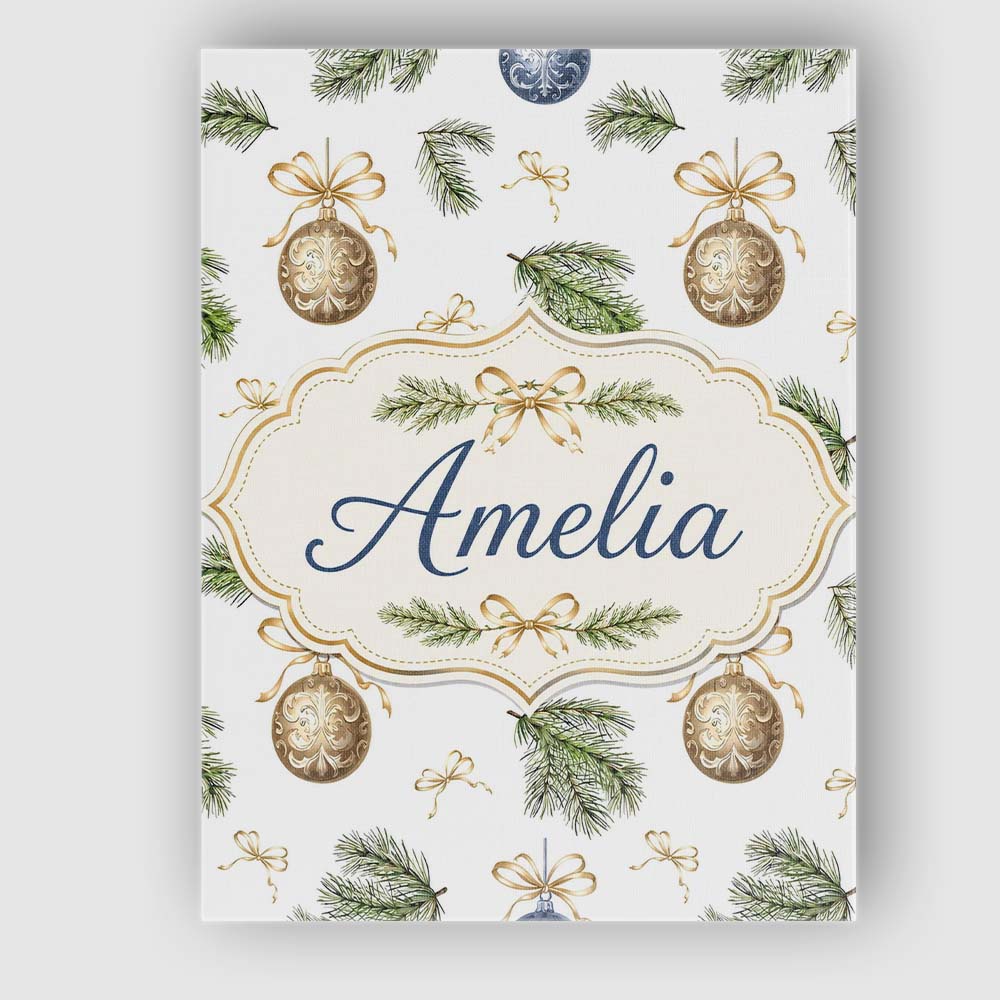Personalised Name Elegant Gold Blue Baubles Custom Bespoke Interior Contemporary Canvas Wall Art Print Decor Picture Ready to Hang