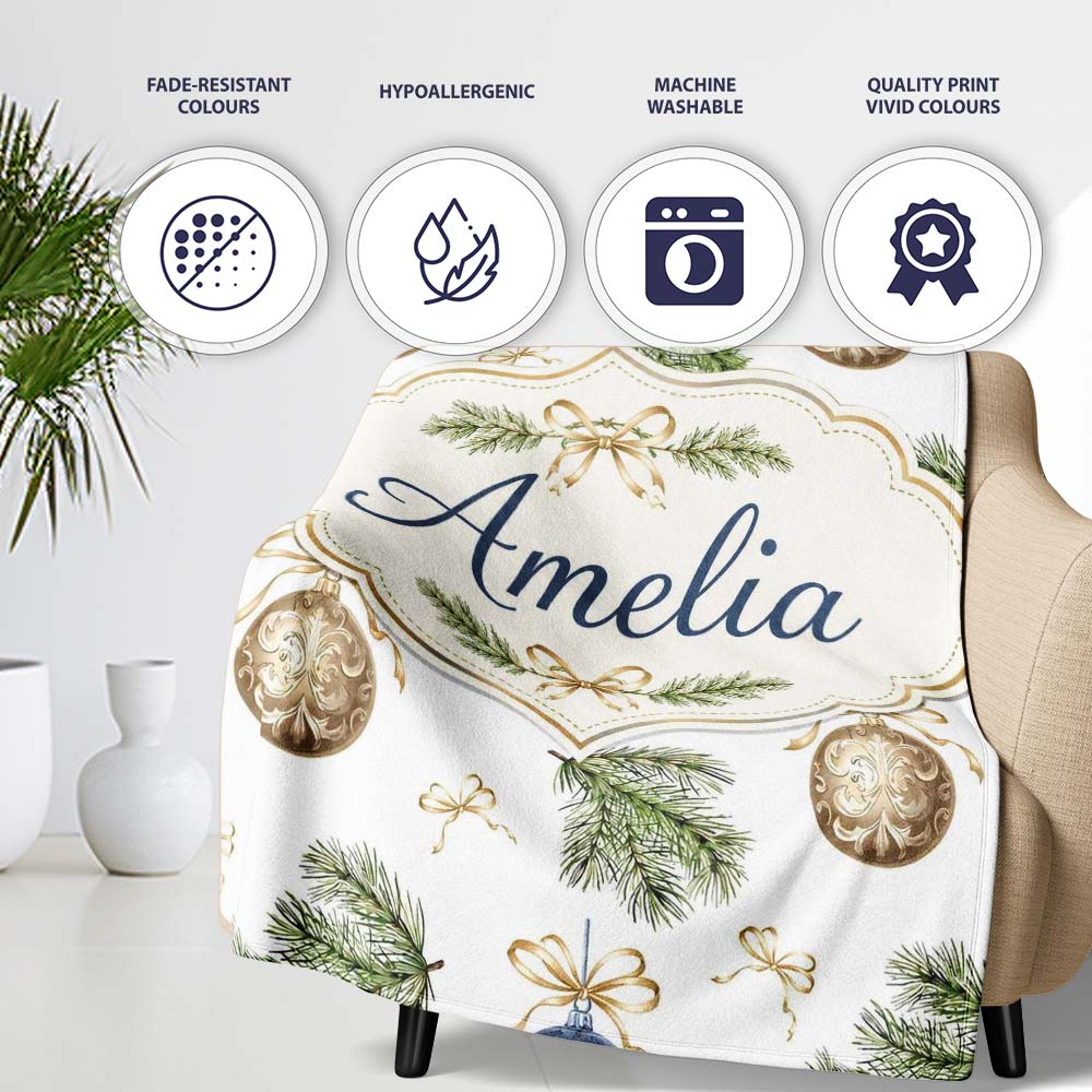 Elegant Gold Blue Baubles Pine Branch Seamless Pattern Lovely Personalised Custom Name Super Soft Fleece Blanket Bed Sofa Throw
