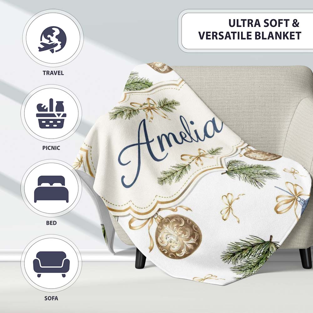 Elegant Gold Blue Baubles Pine Branch Seamless Pattern Lovely Personalised Custom Name Super Soft Fleece Blanket Bed Sofa Throw