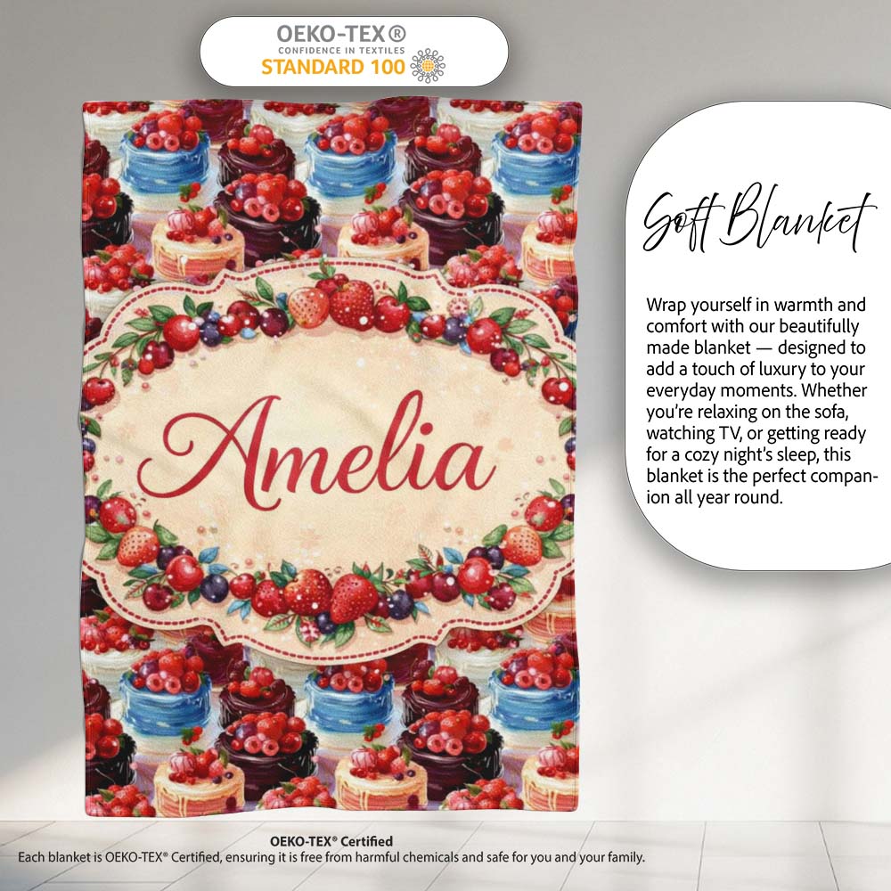 Strawberry Cream Cake Seamless Pattern Realistic Dessert Sweet Food Personalised Custom Name Super Soft Fleece Blanket Bed Sofa Throw