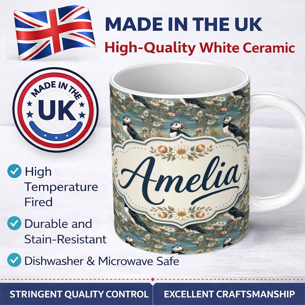 Personalized Custom Name Puffin Coastal Landscape Pattern Scenic Nature Seamless Design 11oz Ceramic Coffee Tea Mug White Large Handle