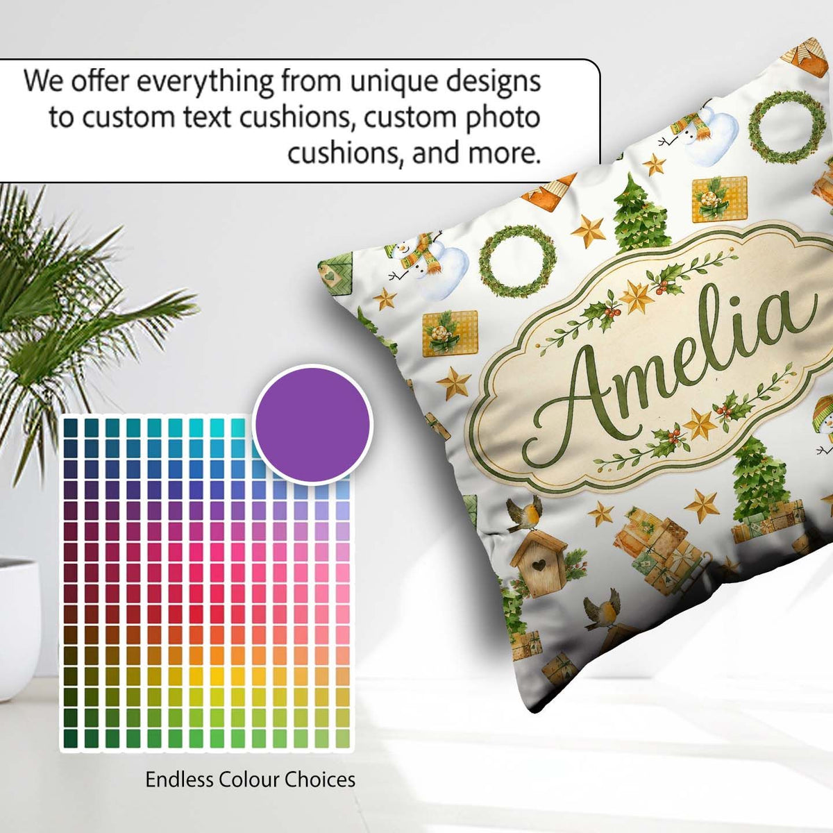 Custom Name Snowman Gifts Christmas Tree Wreath Seamless Pattern Square Filled Cushion Throw Pillow Sofa Bed Home Decor Zip Washable UK Made