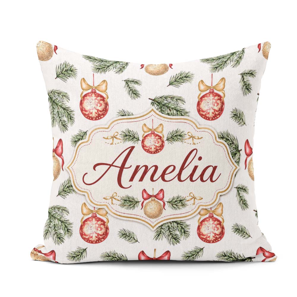 Custom Name Elegant Red Gold Baubles Pine Branch Festive Pattern Square Filled Cushion Throw Pillow Sofa Bed Home Decor Zip Washable UK Made