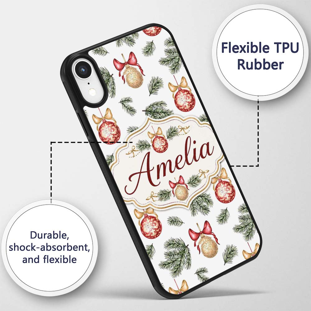 Elegant Red Gold Baubles Pine Branch Festive Custom Name Protective Phone Case Mobile Cover Durable Everyday Smartphone Shock Resistant