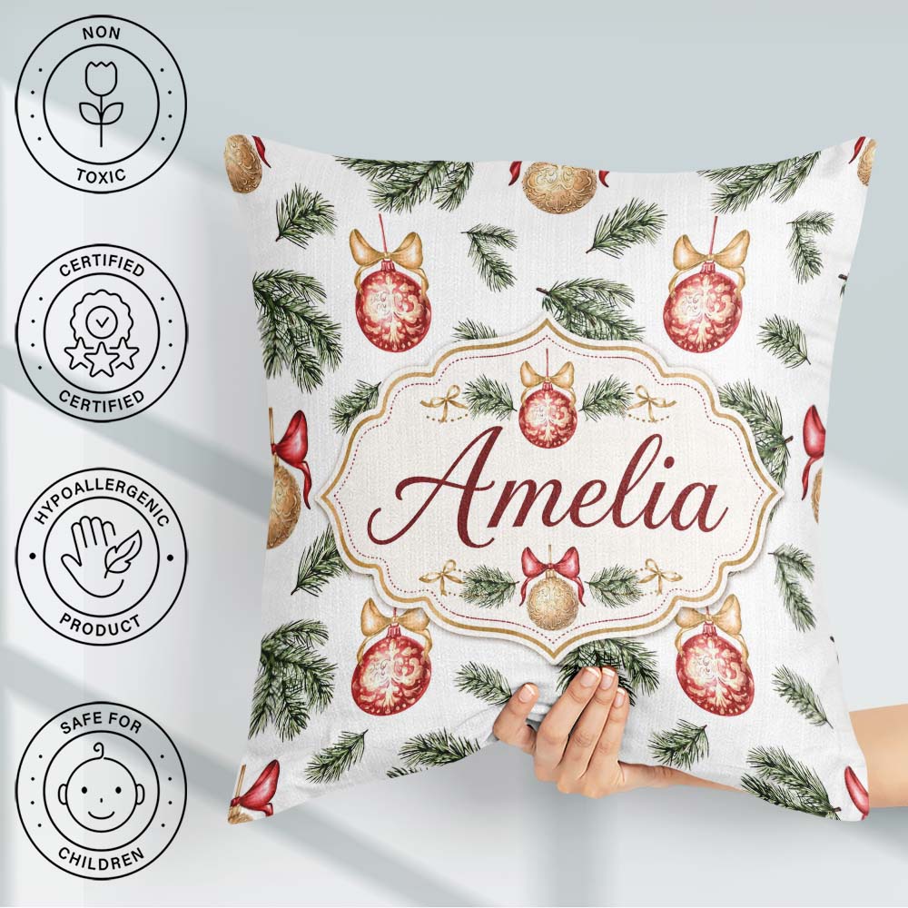 Custom Name Elegant Red Gold Baubles Pine Branch Festive Pattern Square Filled Cushion Throw Pillow Sofa Bed Home Decor Zip Washable UK Made