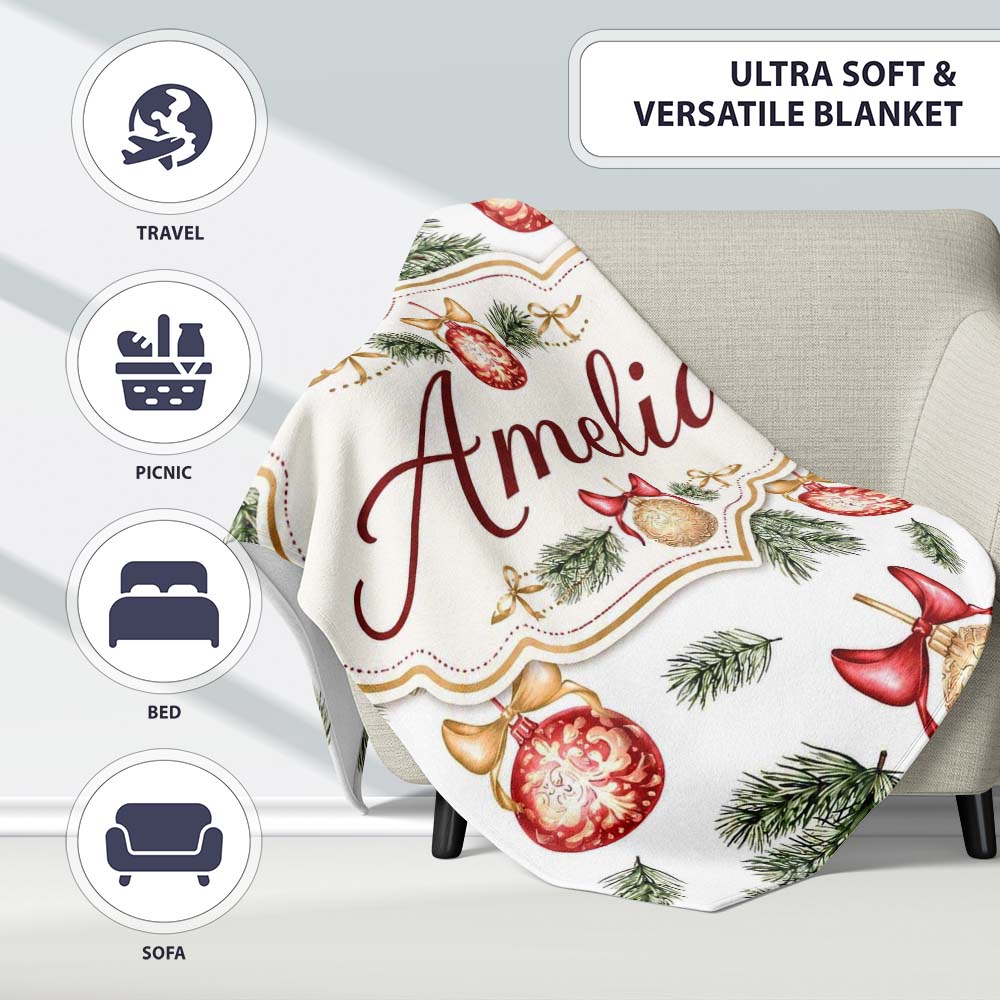 Elegant Red Gold Baubles Pine Branch Festive Seamless Pattern Lovely Personalised Custom Name Super Soft Fleece Blanket Bed Sofa Throw
