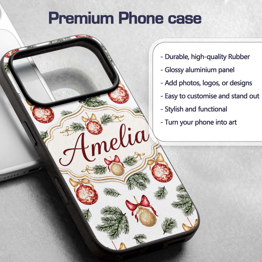 Elegant Red Gold Baubles Pine Branch Festive Custom Name Protective Phone Case Mobile Cover Durable Everyday Smartphone Shock Resistant
