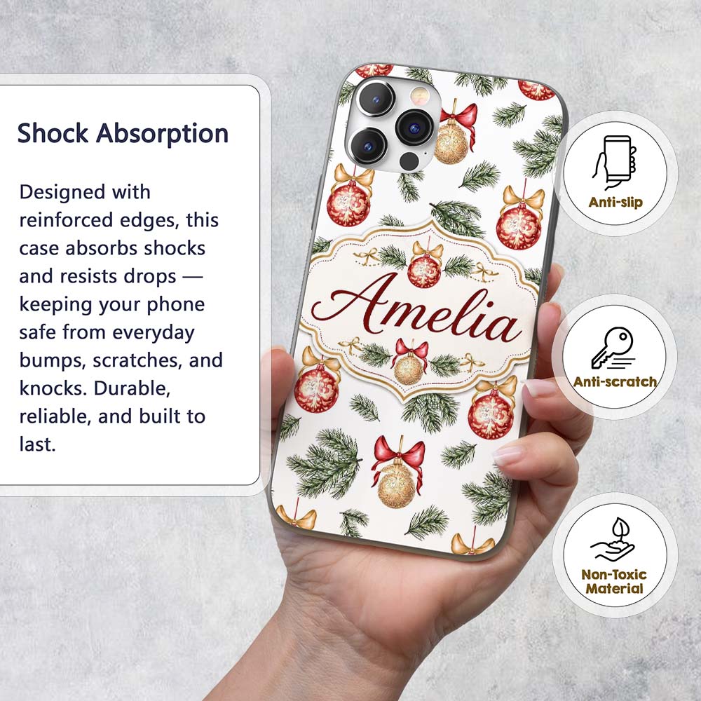 Elegant Red Gold Baubles Pine Branch Festive Custom Name Protective Phone Case Mobile Cover Durable Everyday Smartphone Shock Resistant