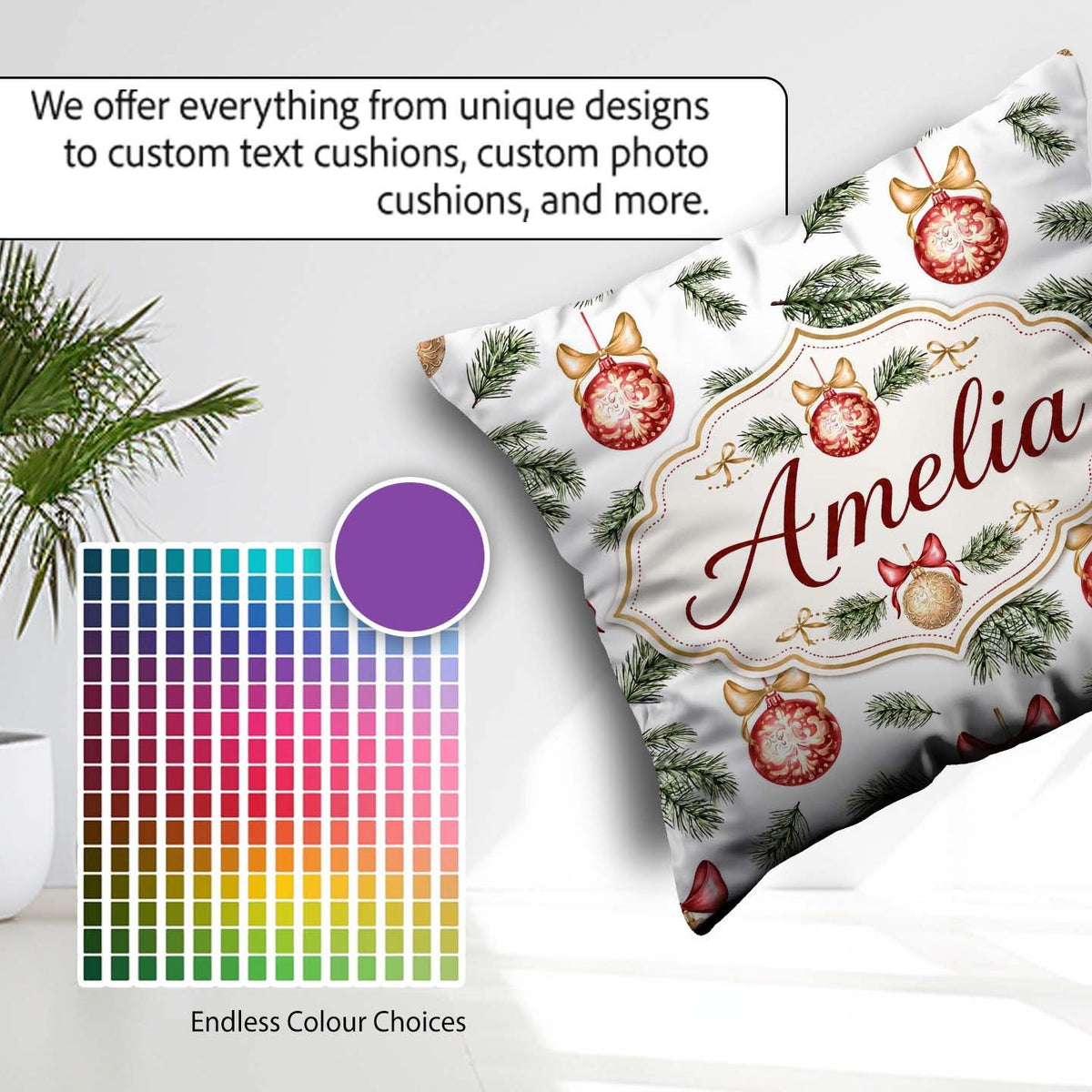 Custom Name Elegant Red Gold Baubles Pine Branch Festive Pattern Square Filled Cushion Throw Pillow Sofa Bed Home Decor Zip Washable UK Made