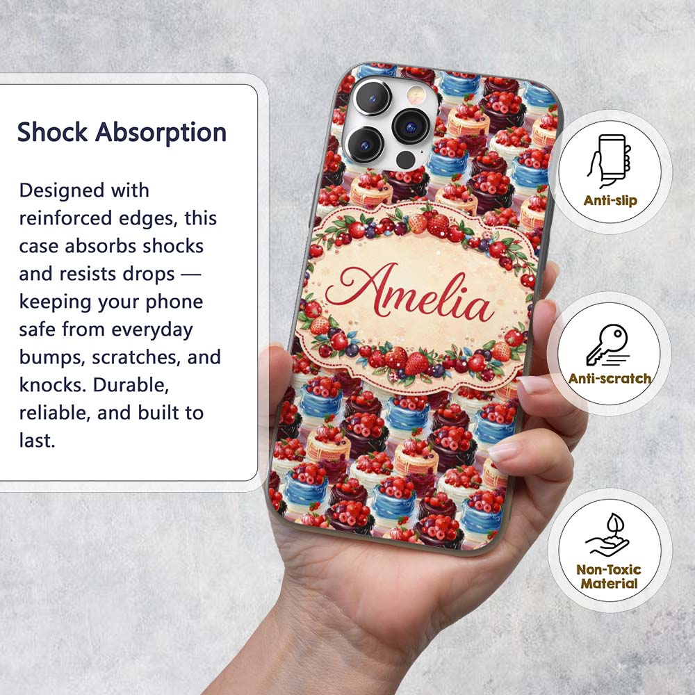 Strawberry Cream Cake Seamless Pattern Realistic Custom Name Protective Phone Case Mobile Cover Durable Everyday Smartphone Shock Resistant