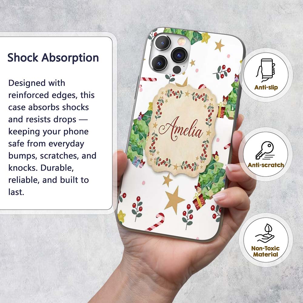 Watercolor Christmas Tree Candy Cane Stars Cute Custom Name Protective Phone Case Mobile Cover Durable Everyday Smartphone Shock Resistant