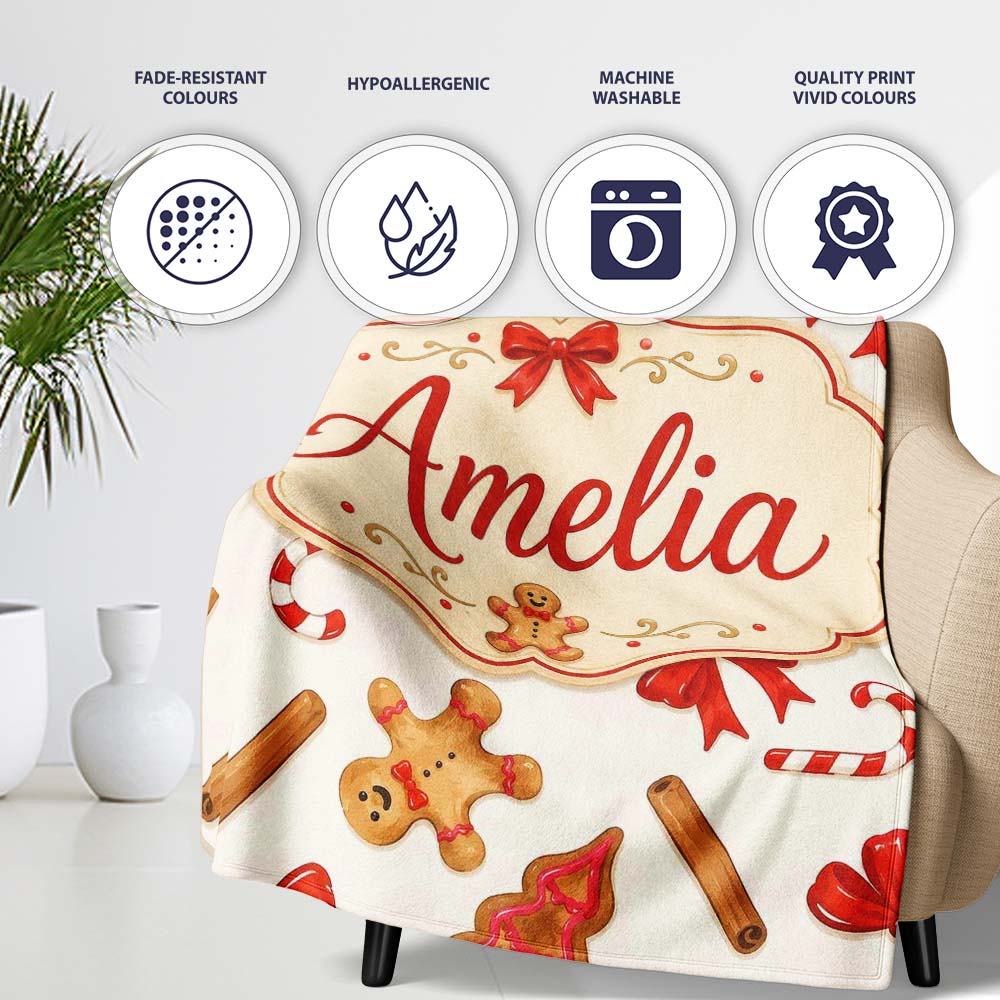 Gingerbread Cookies Candy Cane Red Bow Sweet Seamless Pattern Lovely Personalised Custom Name Super Soft Fleece Blanket Bed Sofa Throw
