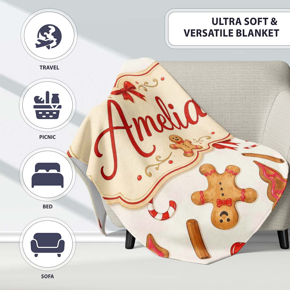 Gingerbread Cookies Candy Cane Red Bow Sweet Seamless Pattern Lovely Personalised Custom Name Super Soft Fleece Blanket Bed Sofa Throw