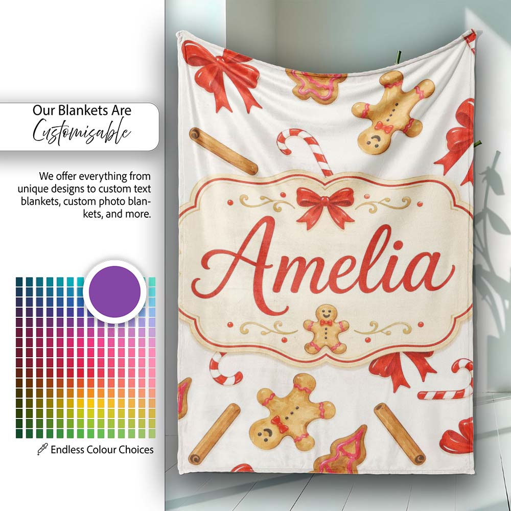 Gingerbread Cookies Candy Cane Red Bow Sweet Seamless Pattern Lovely Personalised Custom Name Super Soft Fleece Blanket Bed Sofa Throw