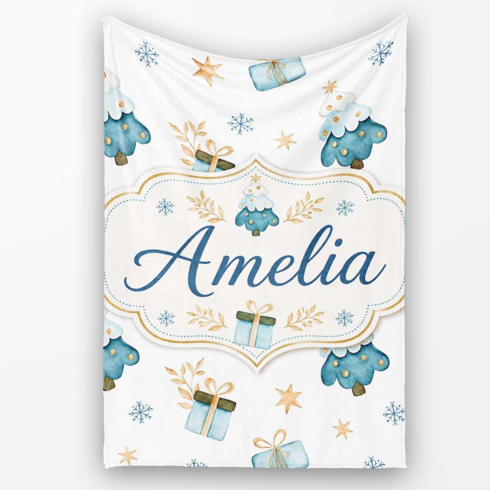 Soft Blue Christmas Tree Gift Snowflake Cute Seamless Pattern Lovely Personalised Custom Name Super Soft Fleece Blanket Bed Sofa Throw