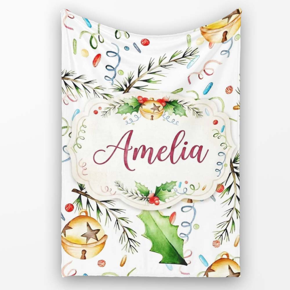 Festive Holly Leaves Bells Pine Branch Confetti Seamless Pattern Personalised Custom Name Super Soft Fleece Blanket Bed Sofa Throw