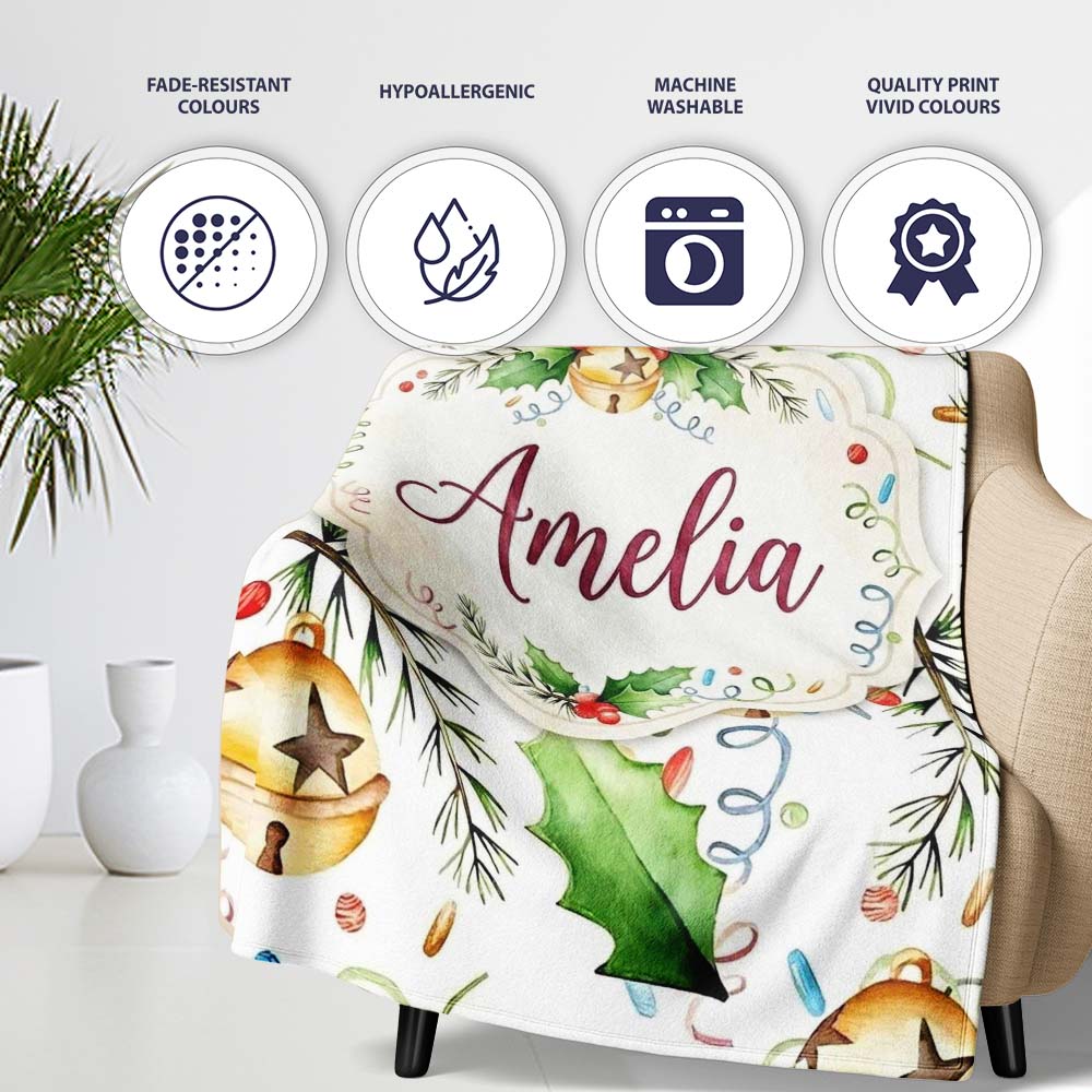 Festive Holly Leaves Bells Pine Branch Confetti Seamless Pattern Personalised Custom Name Super Soft Fleece Blanket Bed Sofa Throw