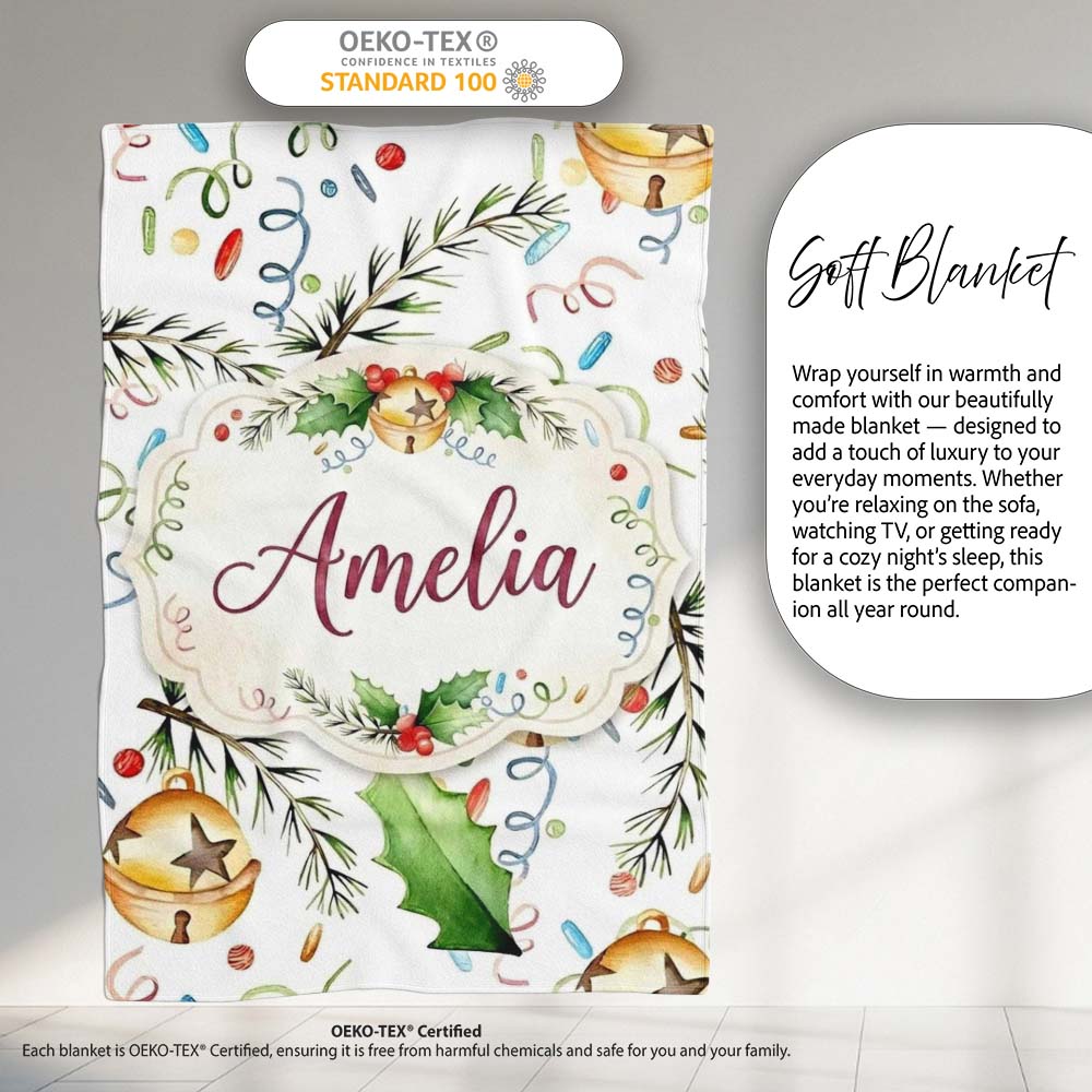 Festive Holly Leaves Bells Pine Branch Confetti Seamless Pattern Personalised Custom Name Super Soft Fleece Blanket Bed Sofa Throw