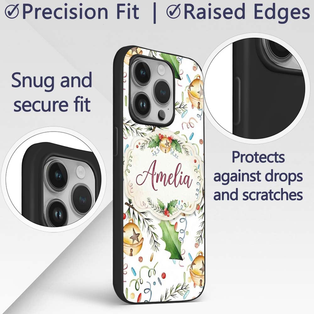 Festive Holly Leaves Bells Pine Branch Confetti Custom Name Protective Phone Case Mobile Cover Durable Everyday Smartphone Shock Resistant