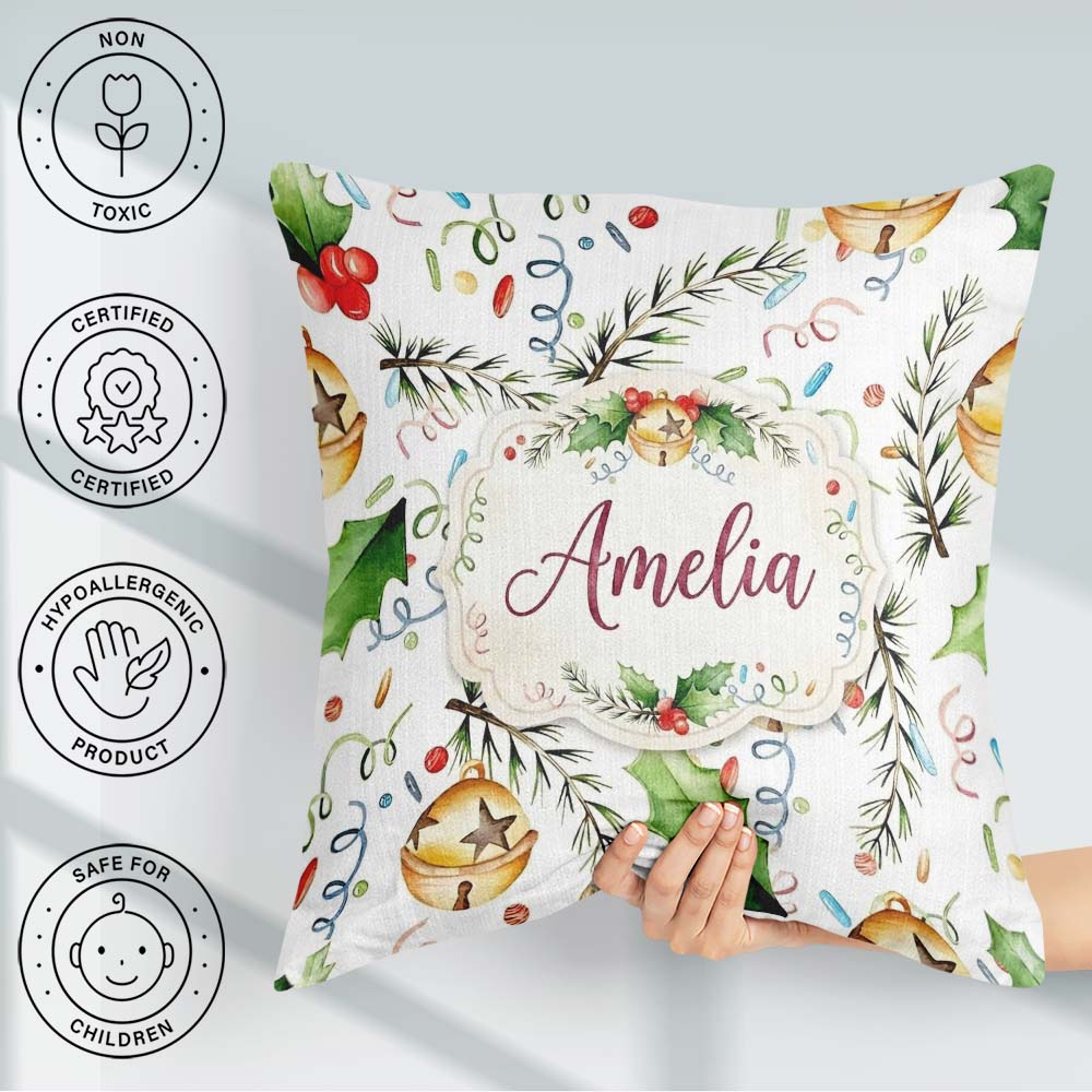 Custom Name Festive Holly Leaves Bells Confetti Seamless Pattern Square Filled Cushion Throw Pillow Sofa Bed Home Decor Zip Washable UK Made