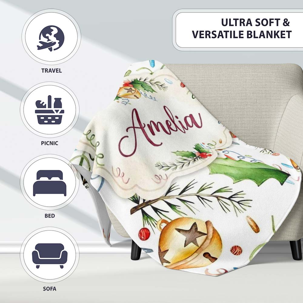 Festive Holly Leaves Bells Pine Branch Confetti Seamless Pattern Personalised Custom Name Super Soft Fleece Blanket Bed Sofa Throw