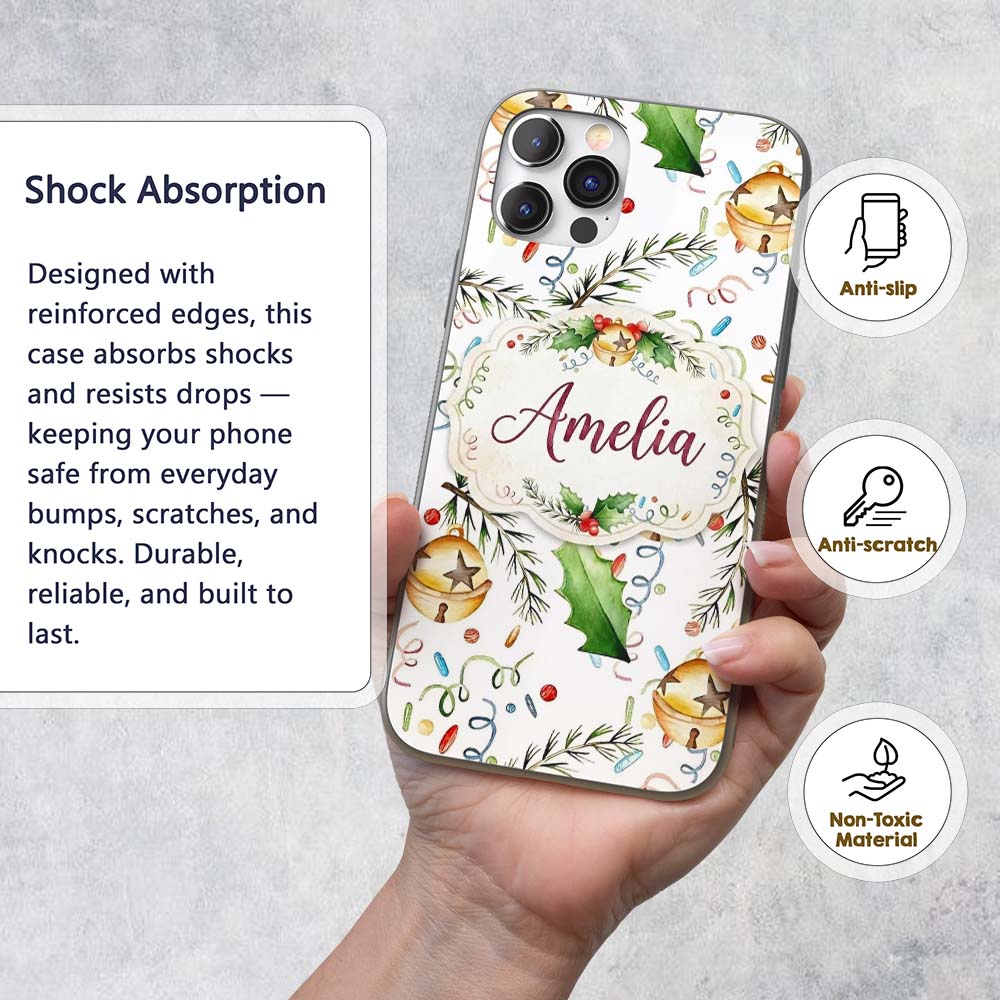 Festive Holly Leaves Bells Pine Branch Confetti Custom Name Protective Phone Case Mobile Cover Durable Everyday Smartphone Shock Resistant