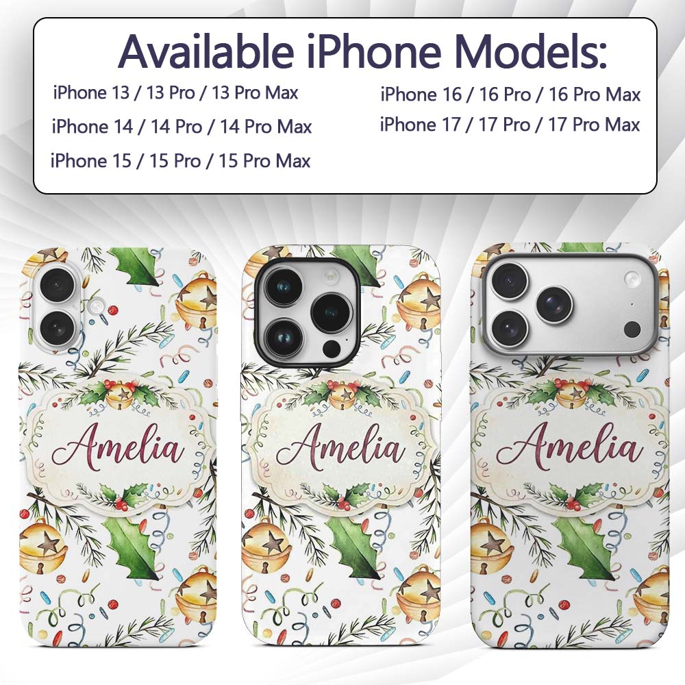 Festive Holly Leaves Bells Pine Branch Confetti Custom Name Protective Phone Case Mobile Cover Durable Everyday Smartphone Shock Resistant