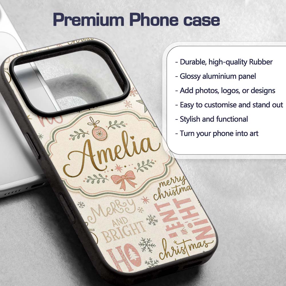 Christmas Typography Holiday Words Printed Design Custom Name Protective Phone Case Mobile Cover Durable Everyday Smartphone Shock Resistant