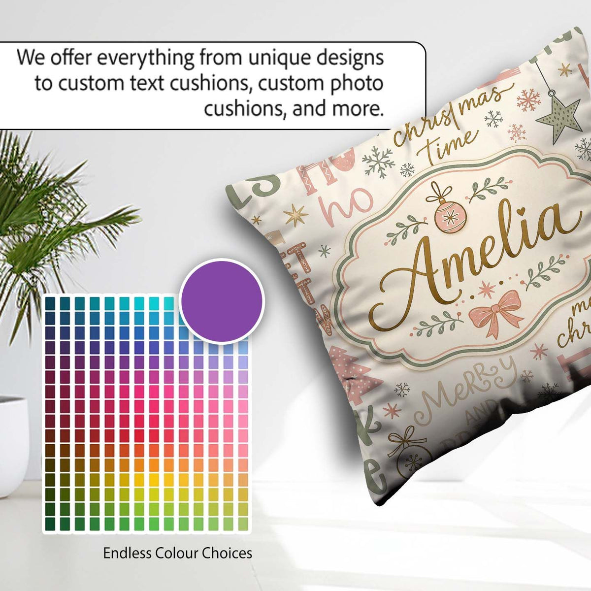 Custom Name Christmas Typography Holiday Pastel Seamless Pattern Square Filled Cushion Throw Pillow Sofa Bed Home Decor Zip Washable UK Made