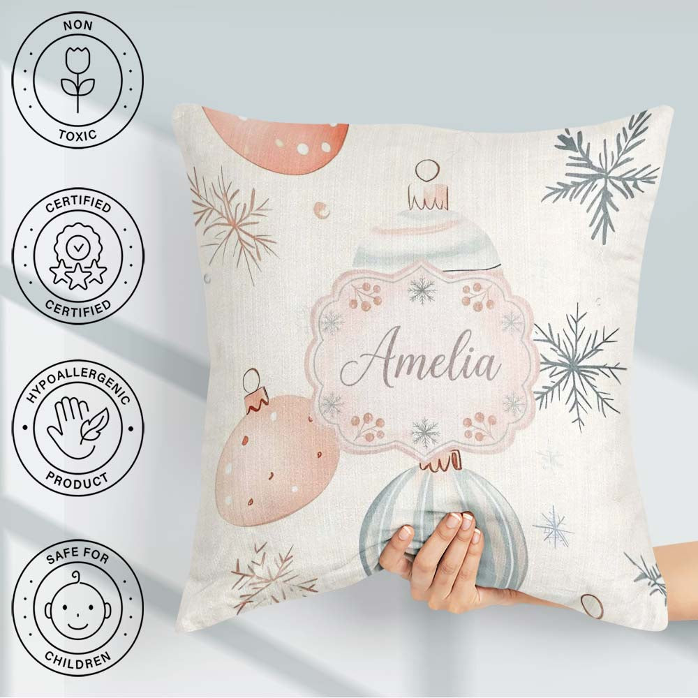 Custom Name Pastel Christmas Baubles Snowflakes Elegant Seamless Square Filled Cushion Throw Pillow Sofa Bed Home Decor Zip Washable UK Made