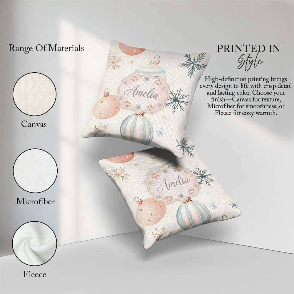 Custom Name Pastel Christmas Baubles Snowflakes Elegant Seamless Square Filled Cushion Throw Pillow Sofa Bed Home Decor Zip Washable UK Made