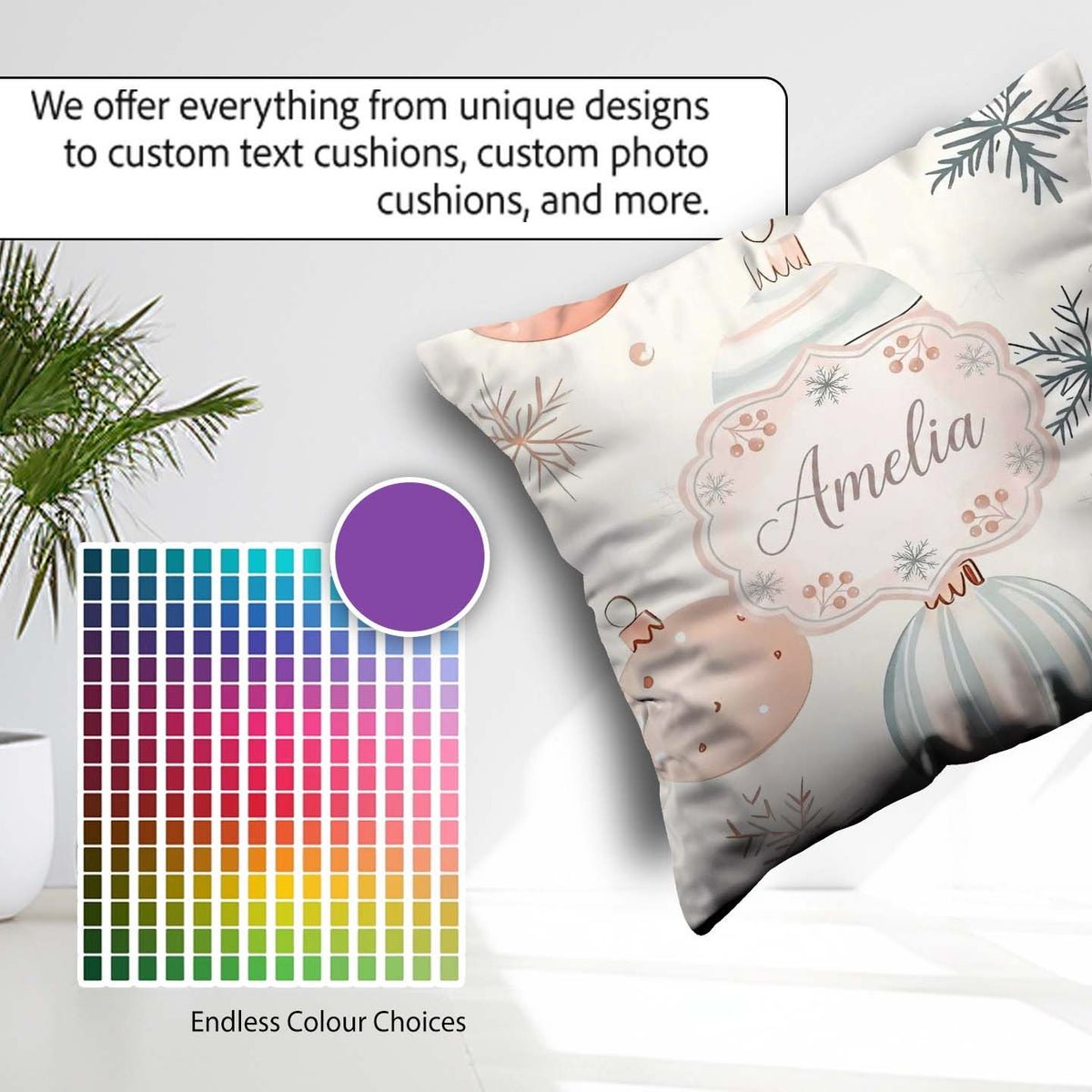 Custom Name Pastel Christmas Baubles Snowflakes Elegant Seamless Square Filled Cushion Throw Pillow Sofa Bed Home Decor Zip Washable UK Made
