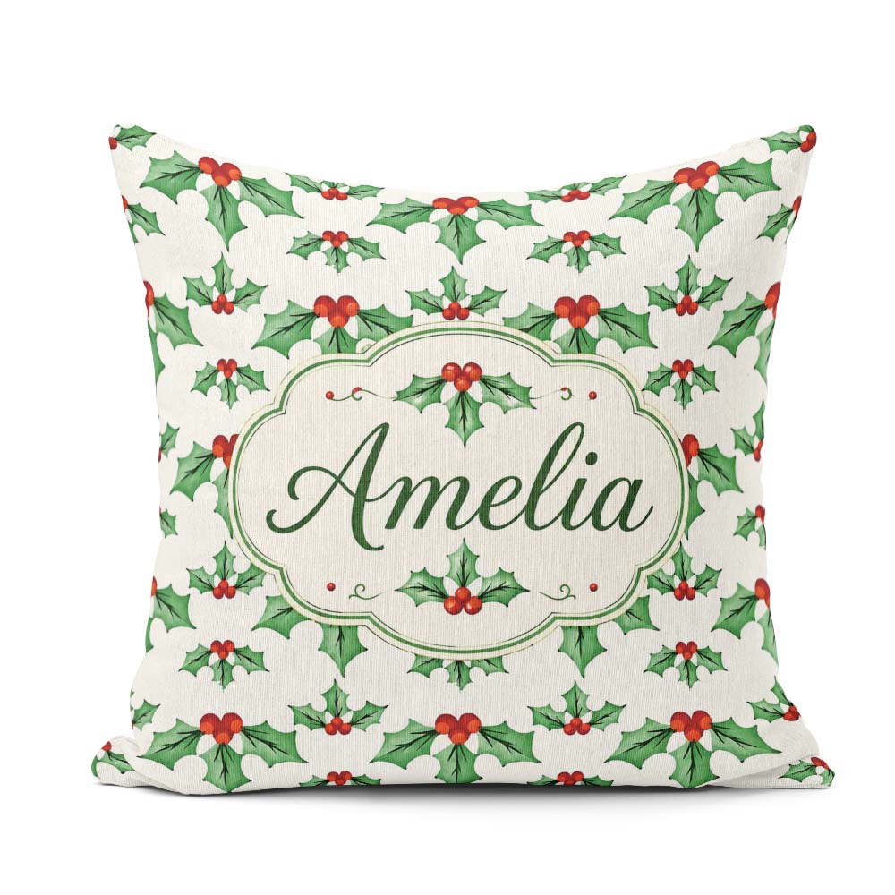 Custom Name Classic Leaves Red Berries Festive Seamless Pattern Square Filled Cushion Throw Pillow Sofa Bed Home Decor Zip Washable UK Made