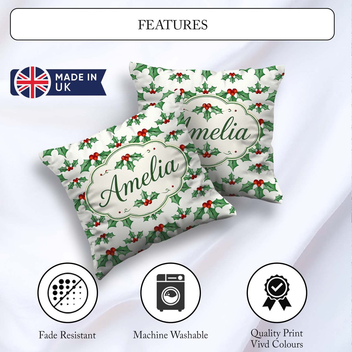 Custom Name Classic Leaves Red Berries Festive Seamless Pattern Square Filled Cushion Throw Pillow Sofa Bed Home Decor Zip Washable UK Made