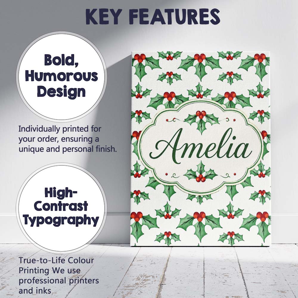 Personalised Name Classic Holly Leaves Red Custom Unique Gift Idea Elegant Feature Canvas Wall Art Print Decor Picture Ready to Hang
