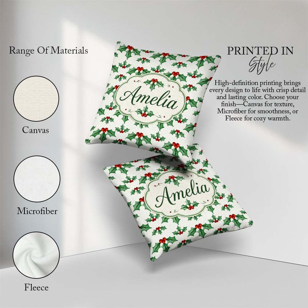 Custom Name Classic Leaves Red Berries Festive Seamless Pattern Square Filled Cushion Throw Pillow Sofa Bed Home Decor Zip Washable UK Made